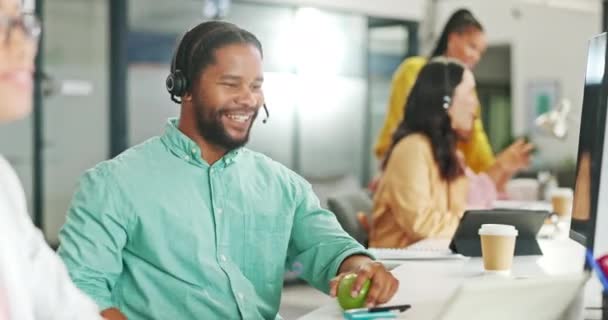Call Center Consulting Black Business Man Apple Computer Telemarketing Customer — Vídeos de Stock