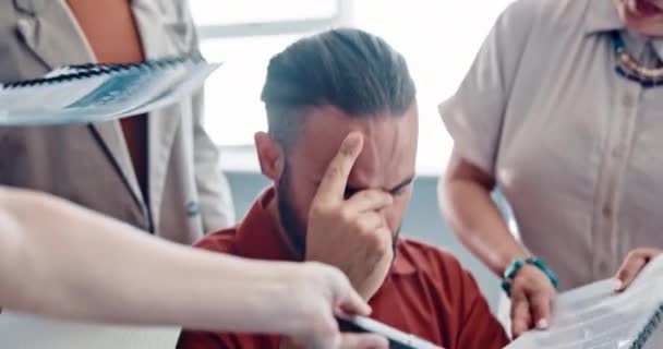 Overworked Headache Multitasking Business Man Feeling Pressure Team Documents Phone — Video Stock