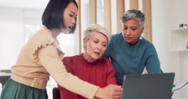 Business women, teamwork and laptop planning and talking about collaboration for online project in office together. Female leader, team and manager at startup discussion about ideas and advertising.