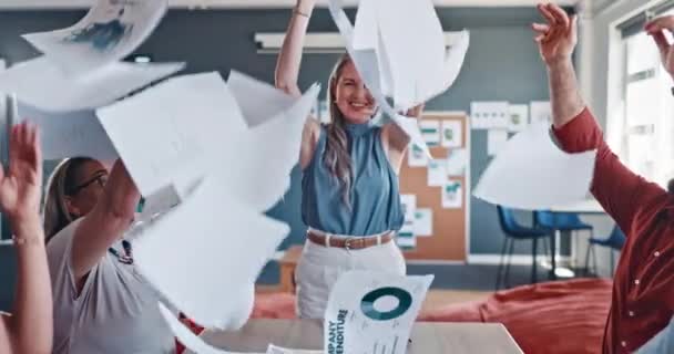 Business Meeting Celebration Throwing Documents Paperwork Office Profit Success Winning — Stok video