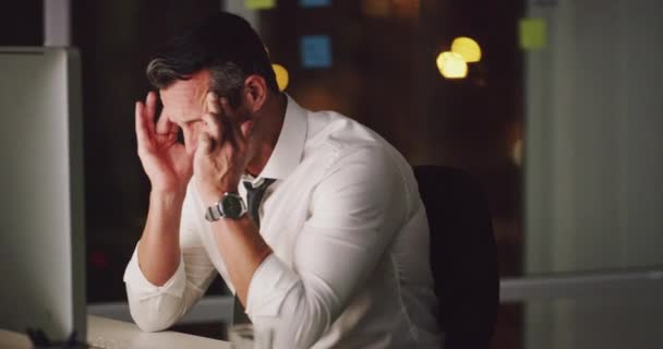 Headache Stress Massage Businessman Night Office Overtime Pressure Anxiety Pain — Stock video