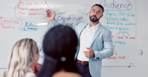Presentation Business Man Whiteboard Creative Strategy Startup Meeting Ideas Planning — Vídeos de Stock