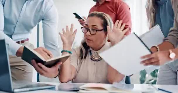 Stress Overworked Headache Business Woman Multitasking Audit Schedule Compliance Tired — Vídeos de Stock