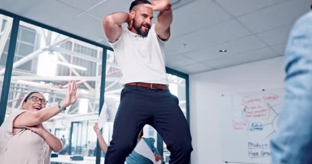 Dance Meeting Happy Business People Celebrate Sales Goals Achievement Success — Stock Video