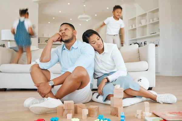 Energy Levels Running Low Young Couple Looking Stressed Home While — Stock Photo, Image