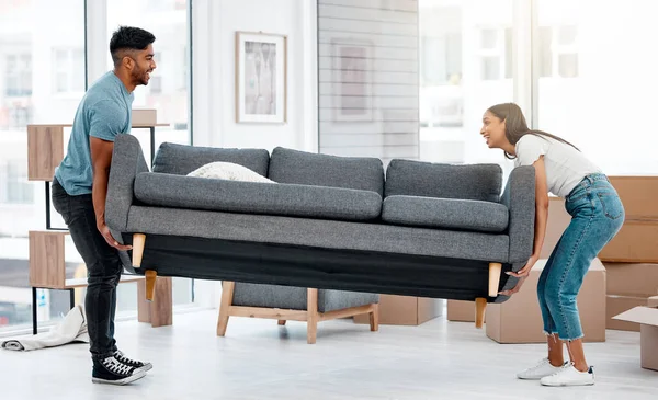 Should Full Length Shot Young Couple Moving Sofa Home — Foto Stock