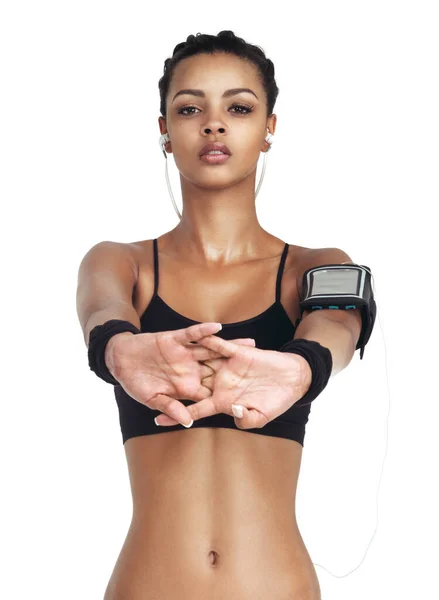 健身和体育与妇女和电话锻炼 健康和有氧运动训练 Podcast Mobile Radio Stretching Portrait Girl Listening Earphones — 图库照片