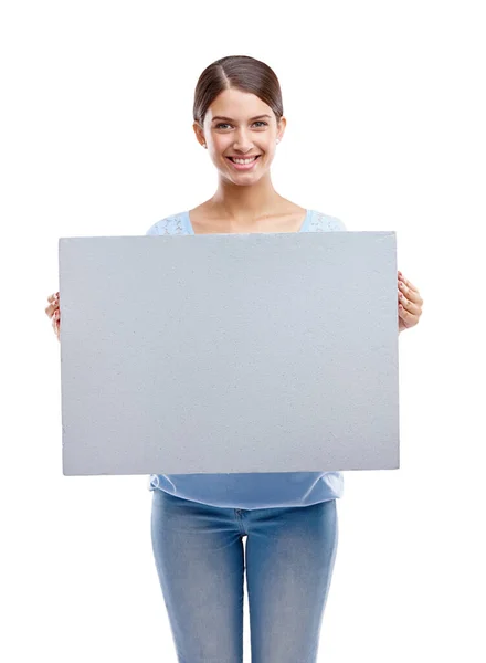Woman Happy Portrait Blank Board Standing White Background Advertising Marketing — 스톡 사진