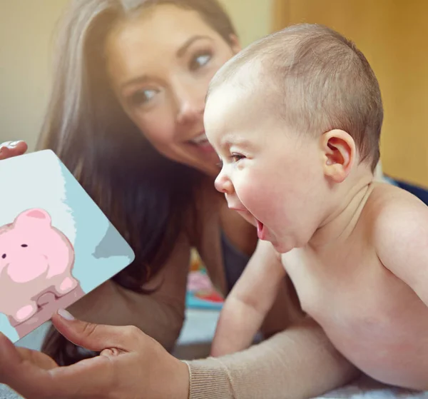 Mother, baby and family for learning, development and pig picture book for fun education and growth. Woman and child in house to bond and play with love, security and care with a smile and happiness.