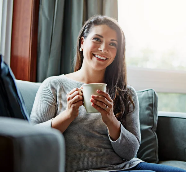 Coffee Thinking Relax Woman Her Home Sitting Sofa Living Room — Foto de Stock