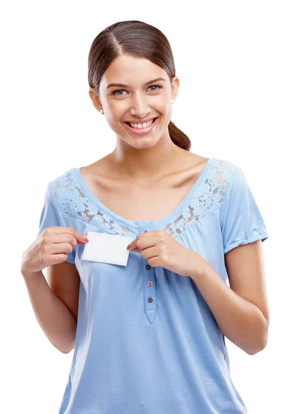 Portrait Mock Name Tag Happy Woman Studio Isolated White Background — 스톡 사진