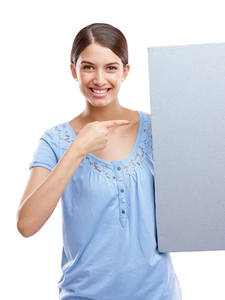 Portrait Pointing Blank Sign Woman Studio Isolated White Background Holding — 스톡 사진