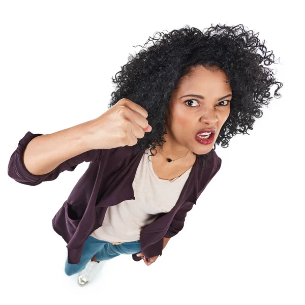 Angry Crazy Portrait Black Woman Fist Fight Isolated White Background — Fotografia de Stock