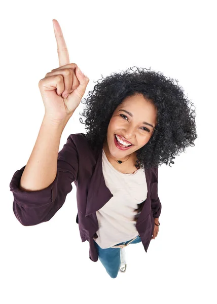 Top View Black Woman Pointing Smile Mockup Girl Isolated White — Fotografia de Stock