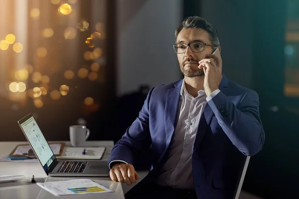 Phone call communication, office and night businessman talking, networking or chat about financial portfolio documents. Conversation, investment discussion or bokeh employee, worker or agent speaking.