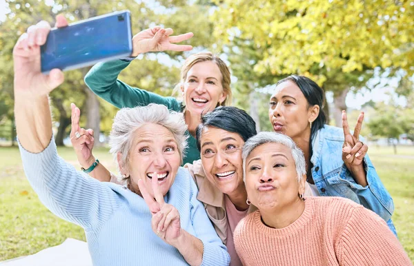 Senior People Friends Phone Selfie Park Together Smile Peace Sign — Stockfoto