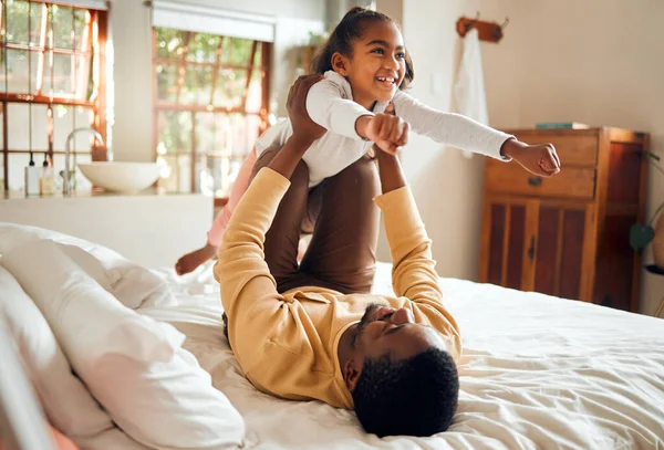 Happy Fun Dad Child Bed Playing Bonding Airplane Game Father — Stock Photo, Image