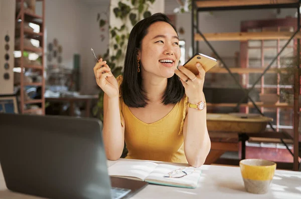 Phone Call Laptop Asian Woman Creative Startup Planning Online Conversation — Fotografia de Stock