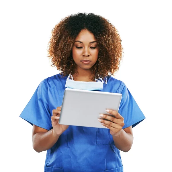 Black Woman Doctor Tablet Studio Typing Focus Communication Internet White — Stok fotoğraf
