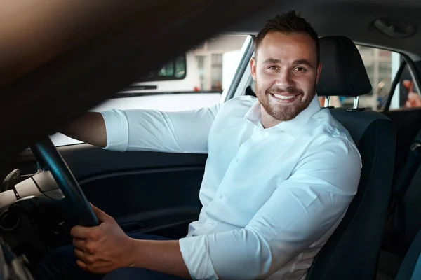 Most Exciting Day Life Young Man Drive His New Car — Stock Photo, Image