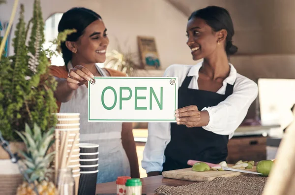 Proud Doing You Two Young Businesswomen Holding Open Sign Food — Stock Photo, Image