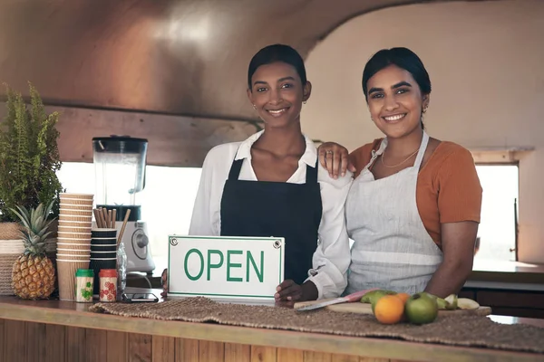 Two Businesswomen Making Way World Businesswoman Holding Open Sign Her — Stock Photo, Image
