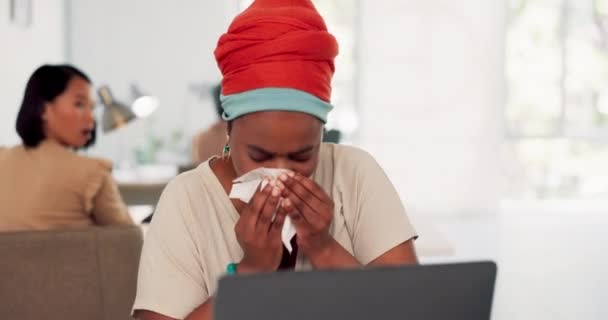Black Woman Sneeze Tissue Blowing Nose Flu Sick Ill Laptop — Video Stock