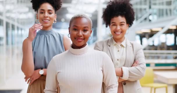 クリエイティブマーケティングスタートアップ企業で黒人女性チームのリーダーシップ 誇りと肖像画 小規模ビジネスオフィスのロビーに立つ広告で幸せな女性のチームワーク 笑顔と自信のグループ — ストック動画