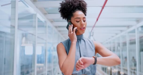 Phone Call Office Black Woman Check Time While Talking Chatting — Video