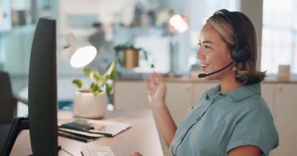 Crm Customer Service Woman Wave Video Call Telemarketing Support Communication — Vídeo de stock