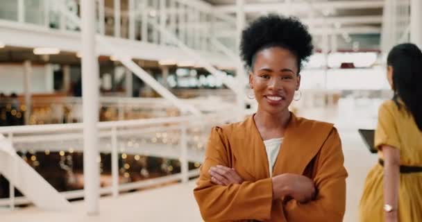 Бізнес Чорна Жінка Обличчям Посмішкою Перехрестили Руки Сучасному Офісі Мотивації — стокове відео