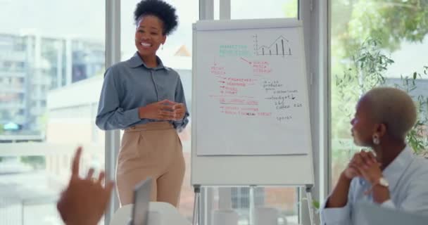 Questions Presentation Business Black Woman Meeting Whiteboard Marketing Strategy Training — Vídeo de Stock