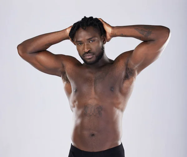 Sexy Body Fitness Black Man Portrait Sports Person Studio Strong — Stok fotoğraf