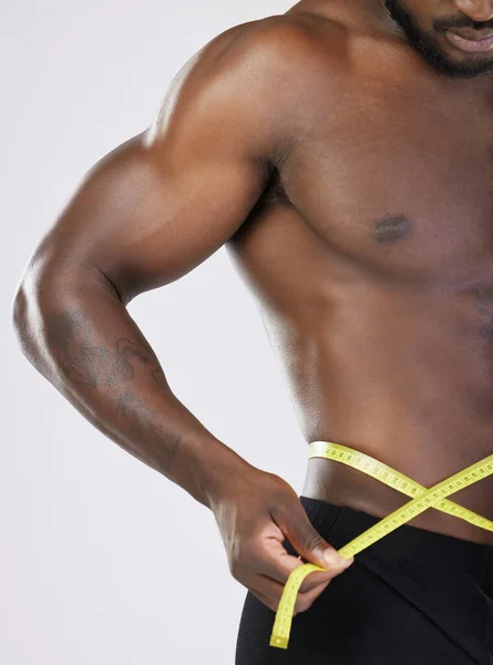 Tape Fitness Diet Man Isolated White Background Lose Weight Bodybuilder — Zdjęcie stockowe