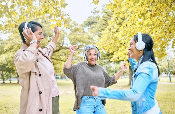 Music headphones, friends and women dance at park outdoors. Senior, dancing and carefree group of elderly females with happy daughter streaming radio, podcast or fun audio song and bonding together