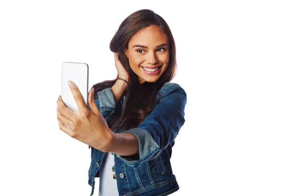 Model Fashion Phone Selfie Isolated White Background Social Media Profile — Stock Photo, Image