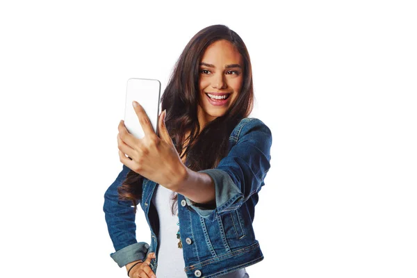 Influencer Fashion Phone Selfie Isolated White Background Social Media Profile — Stock Photo, Image