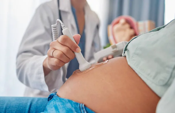 Pregnant Woman Ultrasound Doctor Hands Abdomen Scan Baby Healthcare Medical — Foto de Stock