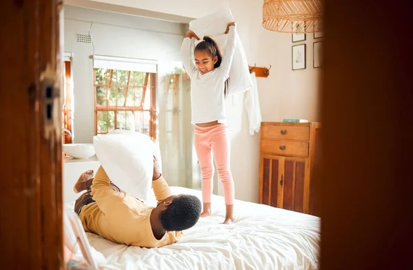 Pillow Fight Home Family Bonding Father Child Having Fun Bedroom — Stock Photo, Image
