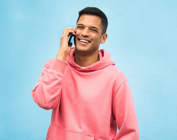 Casual Man Phone Call Smile Communication Standing Isolated Blue Background — 图库照片