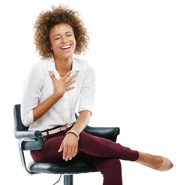 Black Woman Studio Portrait Chair Laughing Funny Moment Beauty Happy — Fotografia de Stock