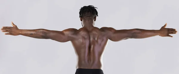 Back Arms Muscular Model Black Man Posing Studio Gray Background — Zdjęcie stockowe