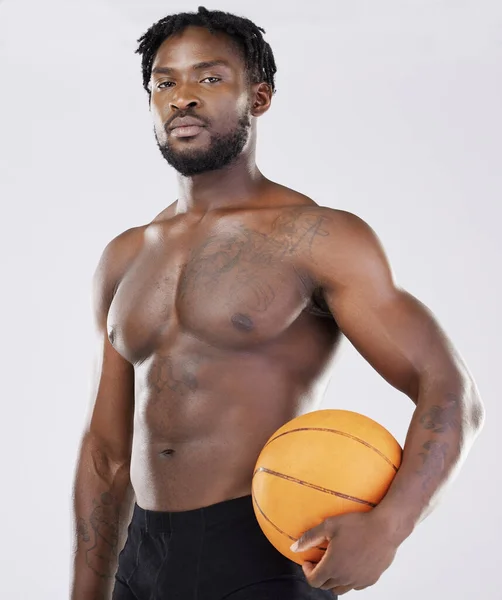 Sports Person Fitness Basketball Portrait Black Man Orange Ball Training — Zdjęcie stockowe
