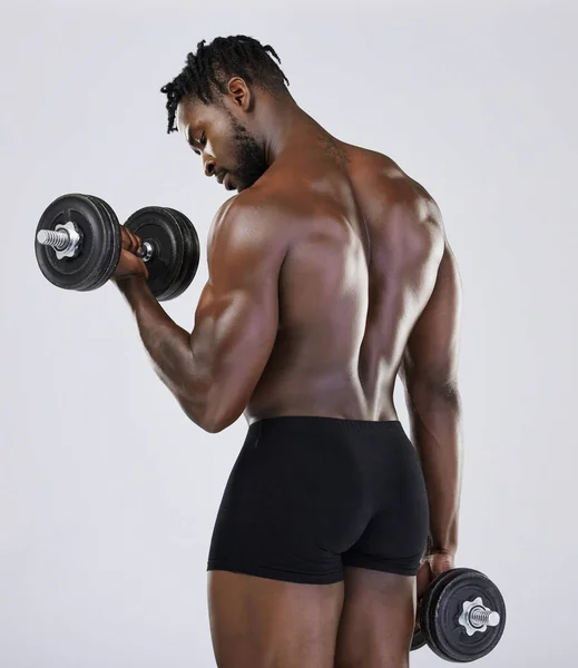 Dumbbell Exercise Fitness Strong Black Man Doing Muscle Workout Studio — Zdjęcie stockowe