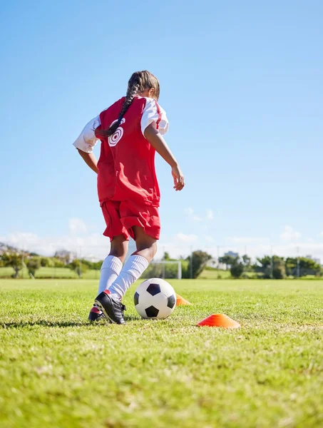 Sports Training Girl Playing Soccer Fitness Physical Activity Hobby Field — Stock fotografie
