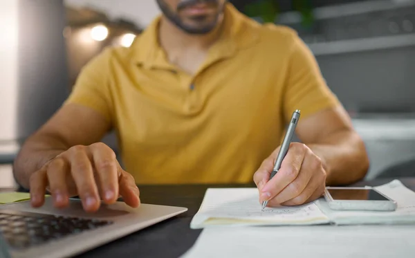 Businessman Hands Writing Pen Laptop Accounting Finance Planning Schedule Home — Fotografia de Stock