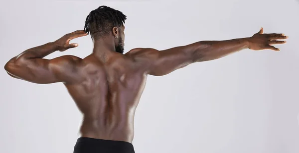 Back Body Mockup Model Black Man Posing Studio Gray Background — Zdjęcie stockowe