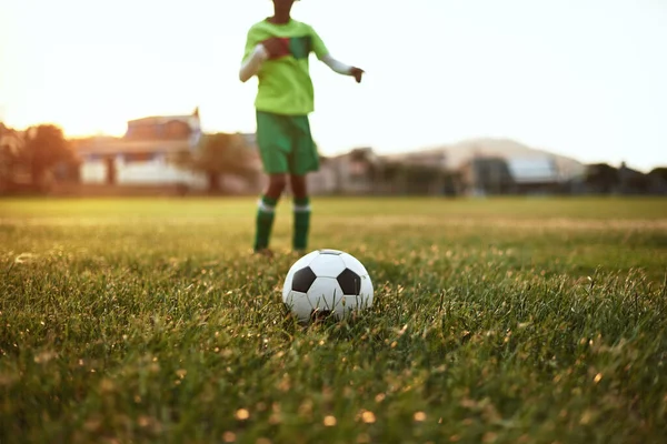 Shoot Your Goals Closeup Shot Young Boy Playing Soccer Sports — Stock fotografie