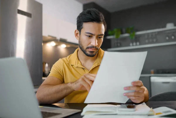 Budget Paperwork Asian Man Planning Laptop Finance Insurance Tax Payment — 图库照片
