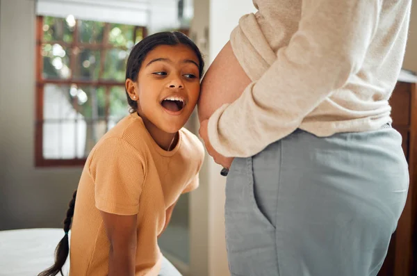 Pregnant Family Excited Girl Listening Belly Her Mother While Bonding — Stock Photo, Image